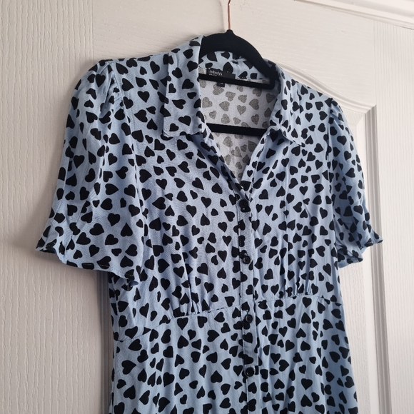 Nobody's Child Pale Blue Mini Shirt Dress with Black Heart Print - Picture 3 of 3